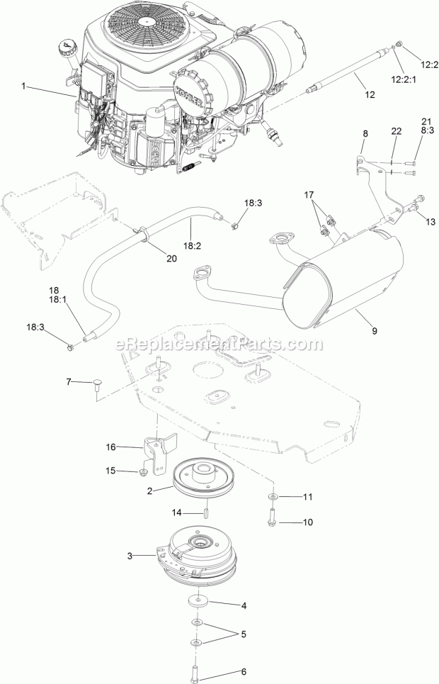 Toro 74918 (315000001-315999999) Z Master Professional 5000 Series Riding Mower, With 72in Turbo Force Side Discharge Mower, 201 Engine, Clutch and Muffler Assembly Diagram