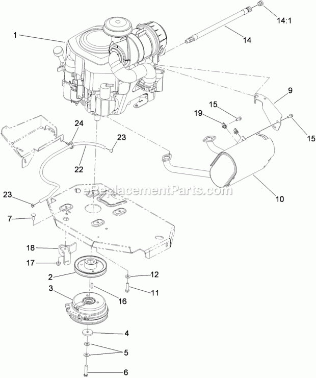 Toro 74923TE (310000001-310999999) Z Master G3 Riding Mower, With 132cm Turbo Force Side Discharge Mower, 2010 Engine, Clutch and Muffler Assembly Diagram
