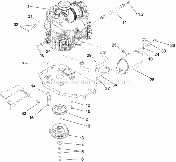 Toro 74925TE (290000001-290999999) Z Master G3 Riding Mower, With 152cm Turbo Force Side Discharge Mower, 2009 Engine, Muffler and Clutch Assembly Diagram