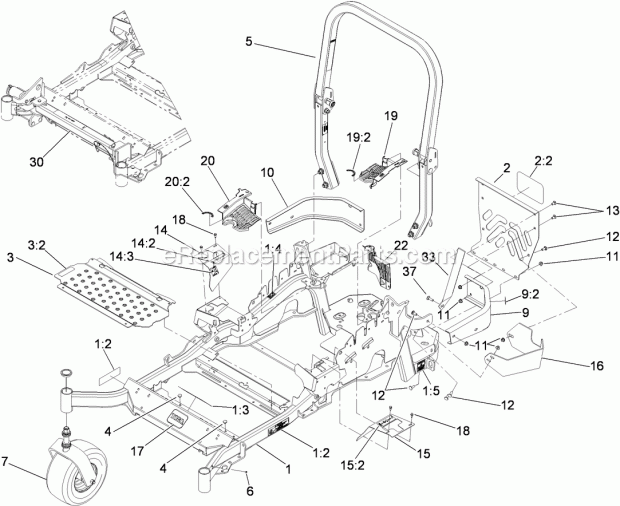Toro 74925TE (290000001-290999999) Z Master G3 Riding Mower, With 152cm Turbo Force Side Discharge Mower, 2009 Front Frame and Caster Wheel Assembly Diagram