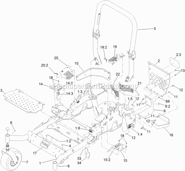 Toro 74925 (312000001-312999999) Z Master Professional 6000 Series Riding Mower, With 60in Turbo Force Side Discharge Mower, 201 Frame and Caster Wheel Assembly Diagram