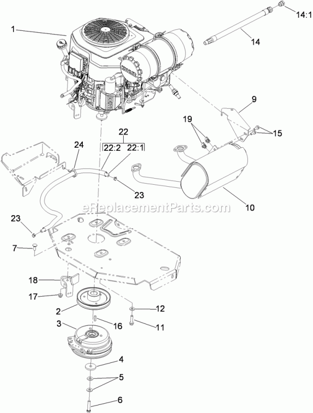 Toro 74926 (310000001-310999999) Z Master G3 Riding Mower, With 60in Turbo Force Side Discharge Mower, 2010 Engine, Clutch and Muffler Assembly Diagram