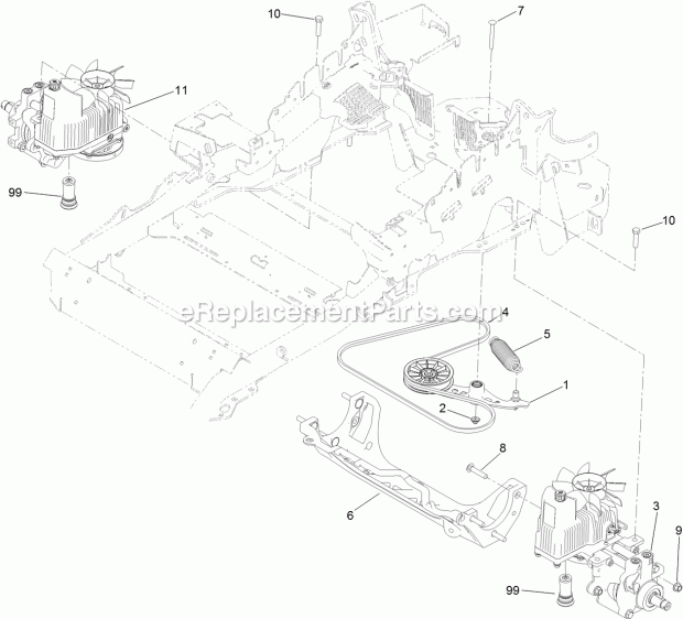 Toro 74926 (314000001-314999999) Z Master Professional 6000 Series Riding Mower, With 60in Turbo Force Side Discharge Mower, 201 Hydraulic Pump, Idler and Belt Assembly Diagram