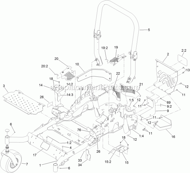 Toro 74926 (314000001-314999999) Z Master Professional 6000 Series Riding Mower, With 60in Turbo Force Side Discharge Mower, 201 Frame and Caster Wheel Assembly Diagram