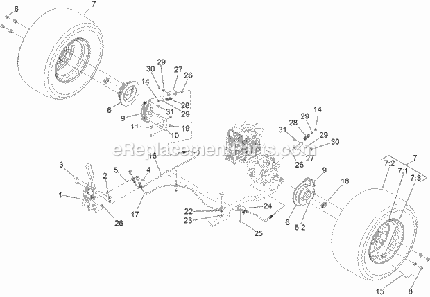 Toro 74927 (312000001-312999999) Z Master Professional 6000 Series Riding Mower, With 72in Turbo Force Side Discharge Mower, 201 Rear Wheel and Park Brake Assembly Diagram