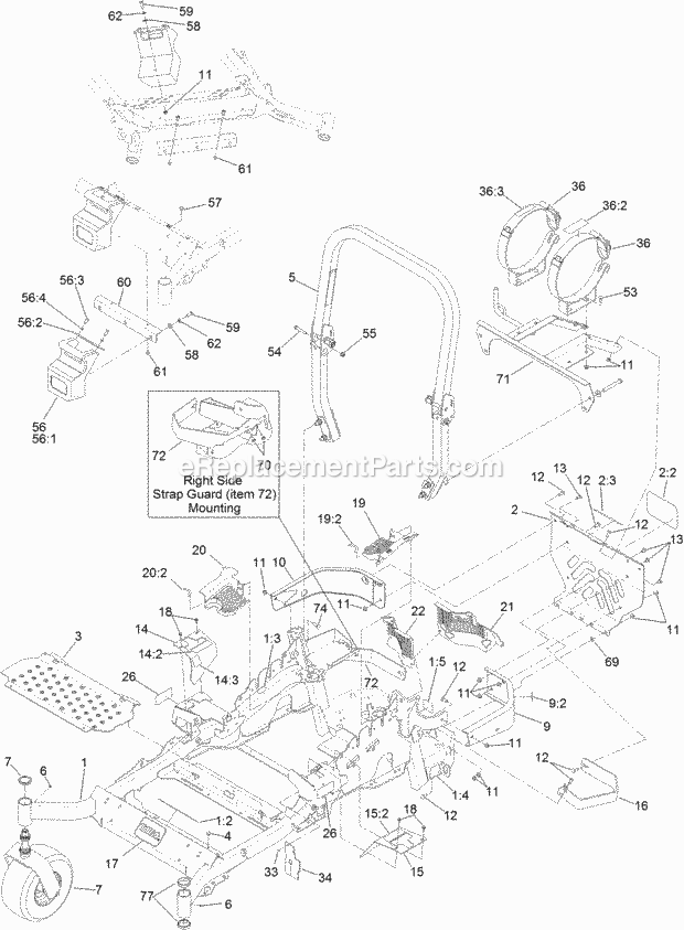 Toro 74933 (316000001-316999999) Z Master Professional 5000 Series Riding Mower, With 60in Turbo Force Side Discharge Mower, 201 Main Frame Assembly Diagram