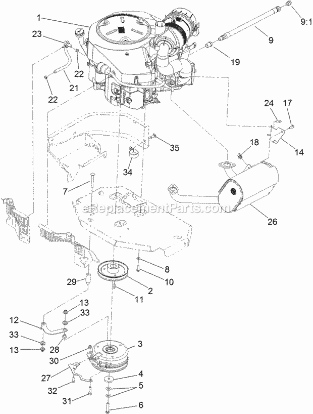 Toro 74936 (311000001-311999999) Z Master G3 Riding Mower, With 60in Turbo Force Side Discharge Mower, 2011 Engine, Clutch and Muffler Assembly Diagram