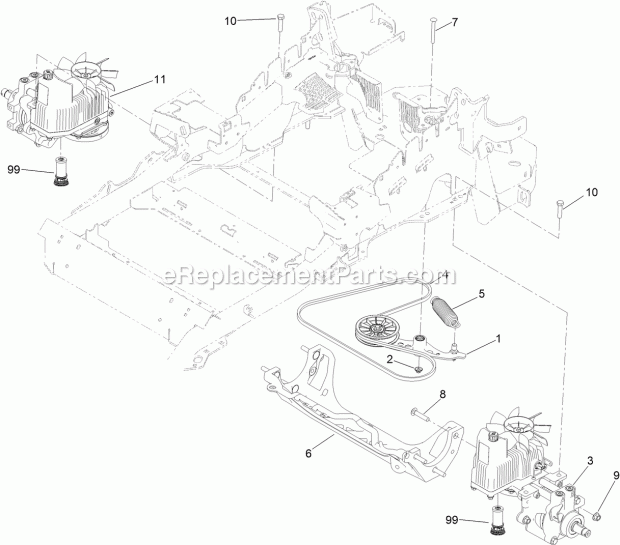 Toro 74939 (313000001-313999999) Z Master Professional 6000 Series Riding Mower, With 60in Turbo Force Side Discharge Mower, 201 Hydraulic Pump, Idler and Belt Assembly Diagram