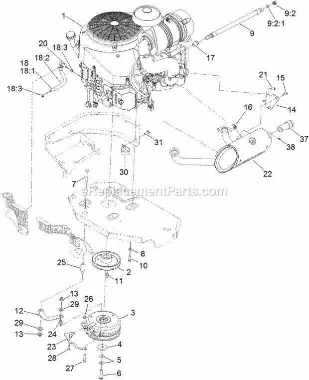 Toro 74939 (313000001-313999999) Z Master Professional 6000 Series Riding Mower, With 60in Turbo Force Side Discharge Mower, 201 Engine, Clutch and Muffler Assembly Diagram