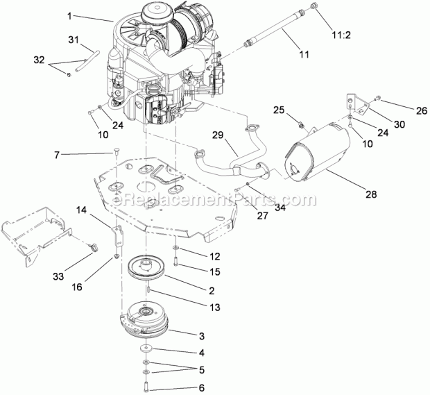 Toro 74941CP (290000001-290999999) Z Master G3 Riding Mower, With 48in Turbo Force Side Discharge Mower, 2009 Engine, Muffler and Clutch Assembly Diagram