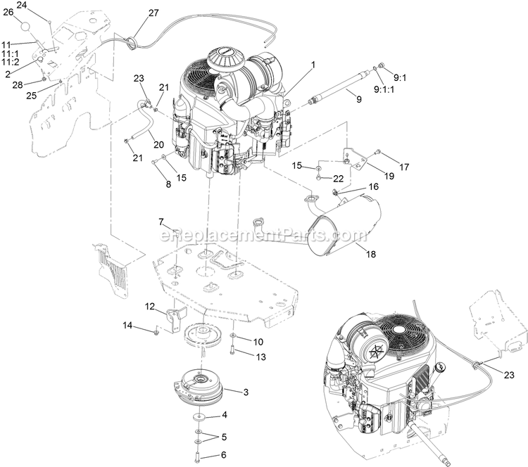 Toro 74942TE (404320000-999999999) Z Master Professional 6000 Series , With 152cm Rear Discharge Riding Mower Engine, Clutch And Muffler Assembly Diagram