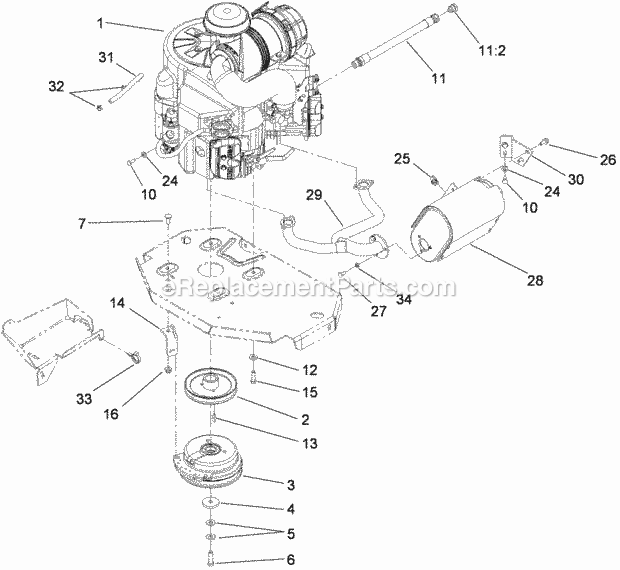 Toro 74943CP (290000001-290999999) Z Master G3 Riding Mower, With 52in Turbo Force Side Discharge Mower, 2009 Engine, Muffler and Clutch Assembly Diagram