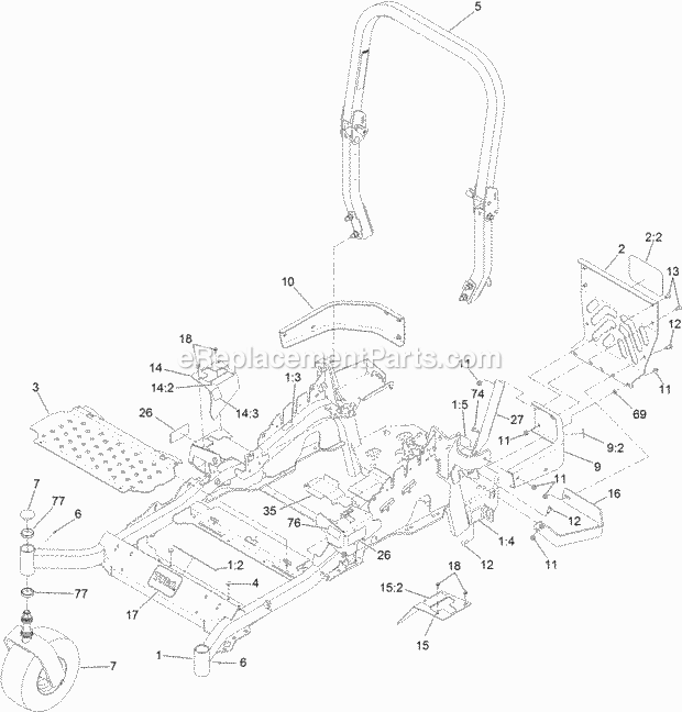 Toro 74952 (316000001-316999999) Z Master Commercial 3000 Series Riding Mower, With 48in Turbo Force Side Discharge Mower, 2016 Frame and Caster Wheel Assembly Diagram