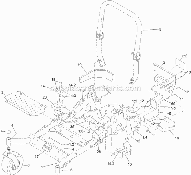 Toro 74953 (313000001-313999999) Z Master Commercial 3000 Series Riding Mower, With 52in Turbo Force Side Discharge Mower, 2013 Frame and Caster Wheel Assembly Diagram