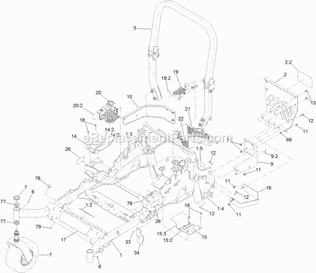 Toro 74996 (316000001-316999999) Z Master Commercial 3000 Series Riding Mower, With 60in Turbo Force Side Discharge Mower, 2016 Frame, Caster Wheel and Roll-Over Protection System Assembly Diagram