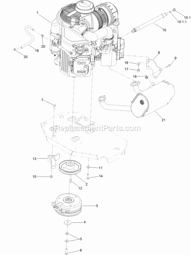 Toro 74997 (316000001-316999999) Z Master Professional 6000 Series Riding Mower, With 60in Turbo Force Side Discharge Mower, 201 Engine, Clutch and Muffler Assembly Diagram