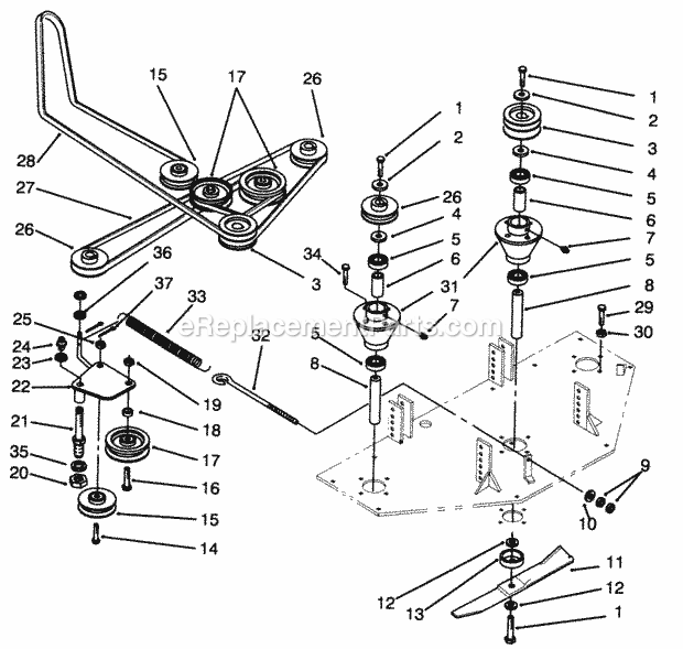 Toro 78475 (590001-599999) (1995) 60-in. Side Discharge Mower Pulley & Spindle Assembly Diagram