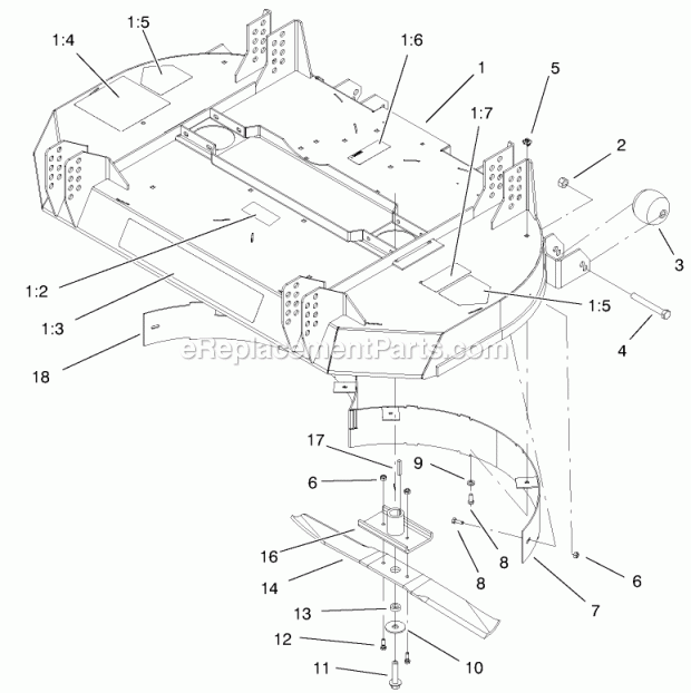 Toro 78477 (995001-999999) (1999) 48-in. Recycler Mower Deck, Baffles and Blade Assembly Diagram
