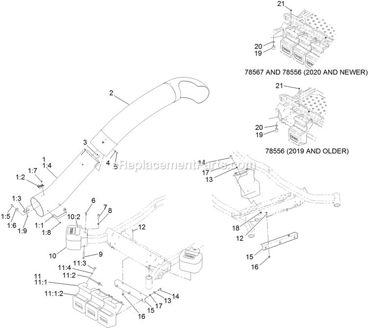 Toro 78556 (400000000-999999999) 72in E-Z Vac , Z Master G3 Mower DFS Collection System Tube And Weight Assembly Diagram