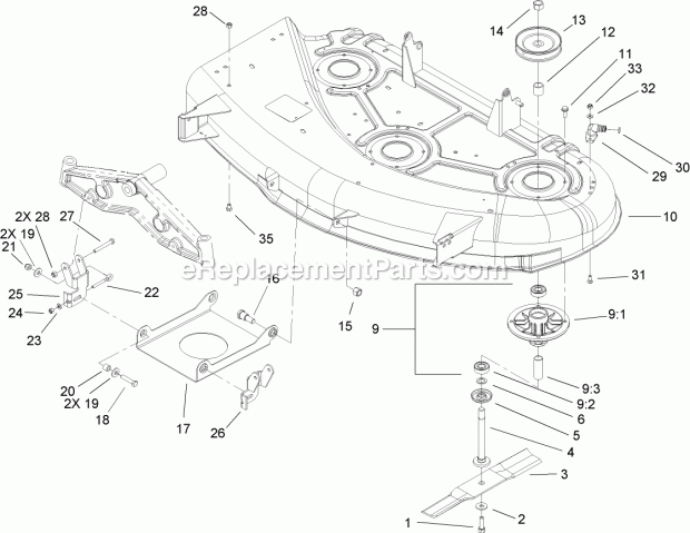 Toro 79110 (290000001-290999999) 44in Side Discharge Mower, 2005 And After Xl 440h Lawn Tractor, 2009 Spindle and Blade Assembly Diagram