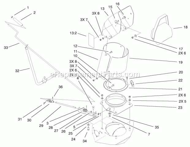 Toro 79362 (250000001-250999999) 42in Snowthrower, 300 Series Garden Tractors, 2005 Chute and Rotation Assembly Diagram