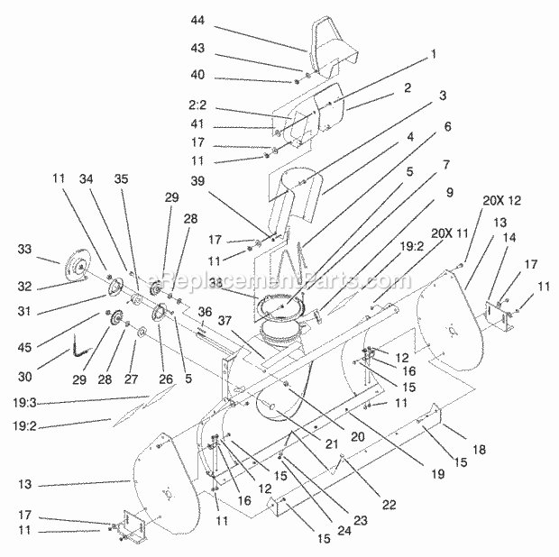 Toro 79366 (200000001-200999999) 44-in. Two-stage Snowthrower, 5xi Garden Tractor, 2000 Discharge Chute Assembly Diagram