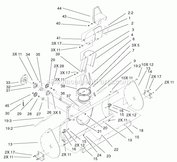 Toro 79366 (250000001-250999999) 44in Two-stage Snowthrower, 5xi Garden Tractor, 2005 Discharge Chute Assembly Diagram