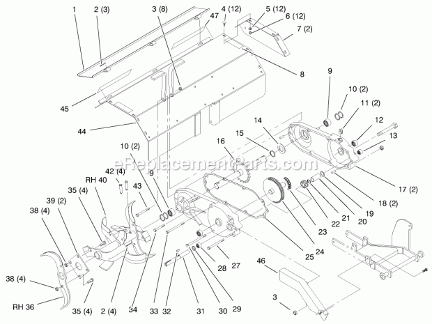 Toro 79375 (200000001-200999999) 36-in. Tiller, 5xi Garden Tractors, 2000 Shield & Tine Assembly Diagram