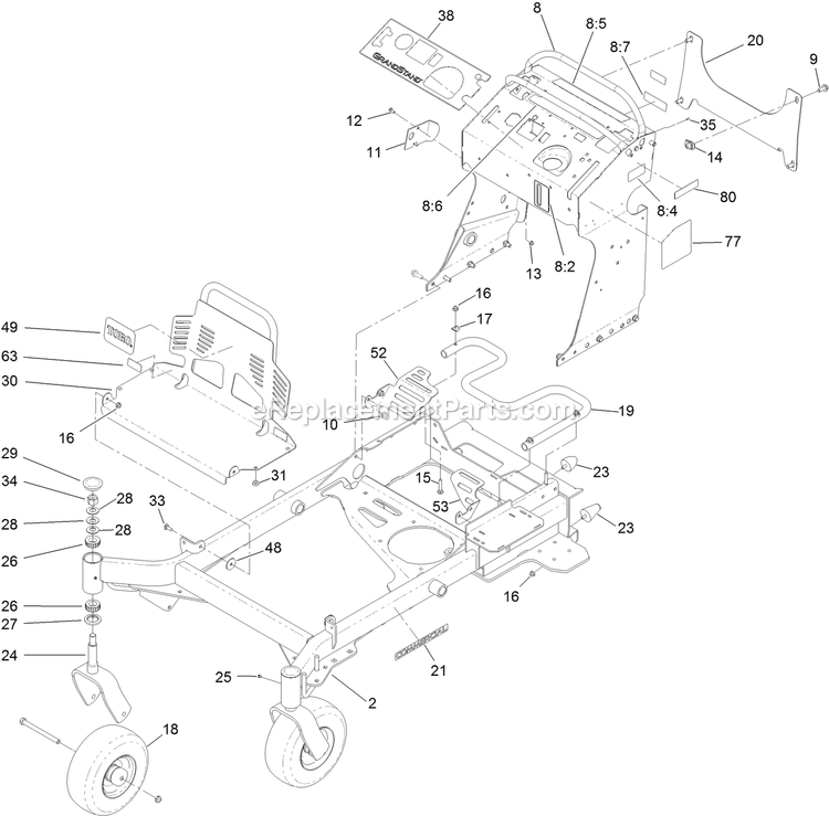 Toro 79505 (400000000-402884999) With 52in Turbo Force Cutting Unit GrandStand Mower Frame Assembly Diagram