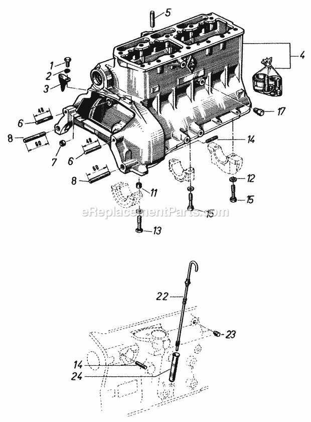 Toro 81-20RG01 (1978) D-250 10-speed Tractor Cylinder Block and Oil Dipstick Diagram