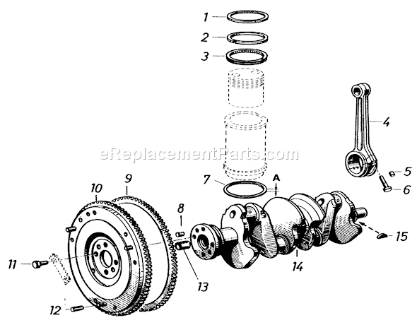 Toro 81-20RG01 (1978) D-250 10-speed Tractor Flywheel, Crankshaft, Connecting Rod and Piston Rings Diagram