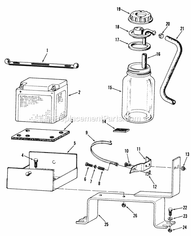 Toro 81-20RG01 (1978) D-250 10-speed Tractor Battery and Coolant Compensating Bottle Diagram