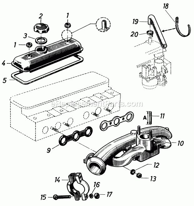 Toro 81-20RG01 (1978) D-250 10-speed Tractor Valve Cover and Intake/Exhaust Manifold Diagram