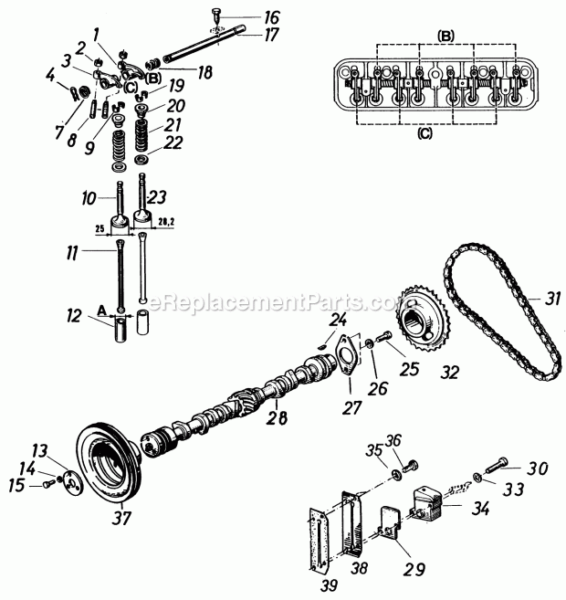 Toro 81-20RG01 (1978) D-250 10-speed Tractor Camshaft, Valves, Timing Chain and Camshaft Pulley Diagram