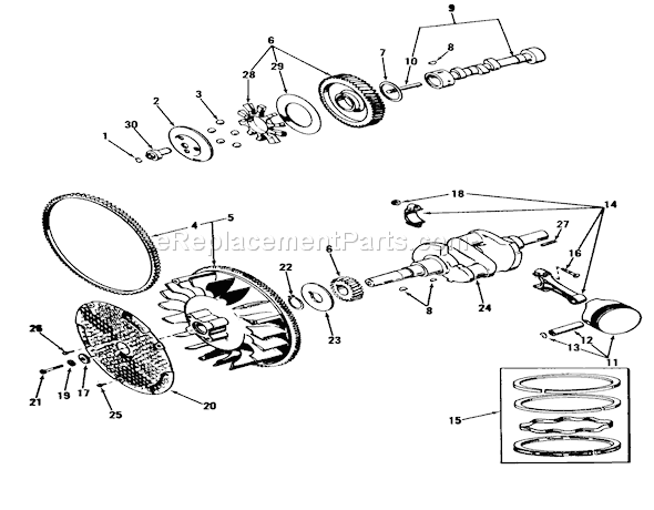 Toro 91-16OS01 (1979) Lawn Tractor D-160 Onan Engine, Crankshaft, Camshaft, Pistons And Flywheel Group Diagram