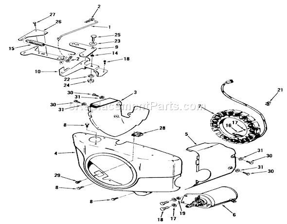 Toro 91-16OS01 (1979) Lawn Tractor D-160 Onan Engine, Governor, Starter, Charging Alternator And Blower Housing Group Diagram