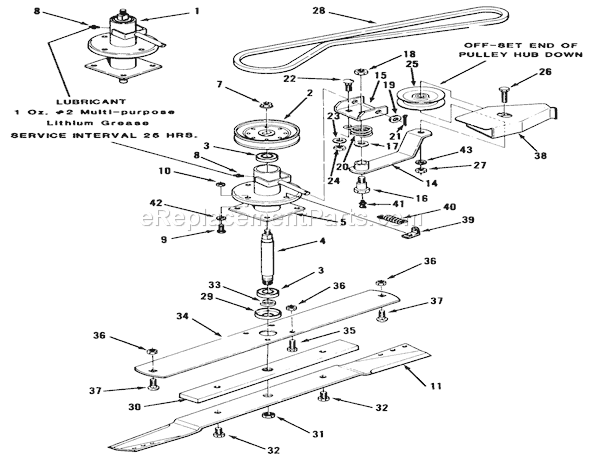 Toro B3-11B591 (1987) Lawn Tractor Spindle, Pulleys, And Drive Belt Diagram