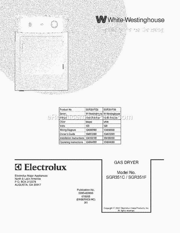 Westinghouse SGR351FQ0 White Westinghouse/Dryer Page D Diagram