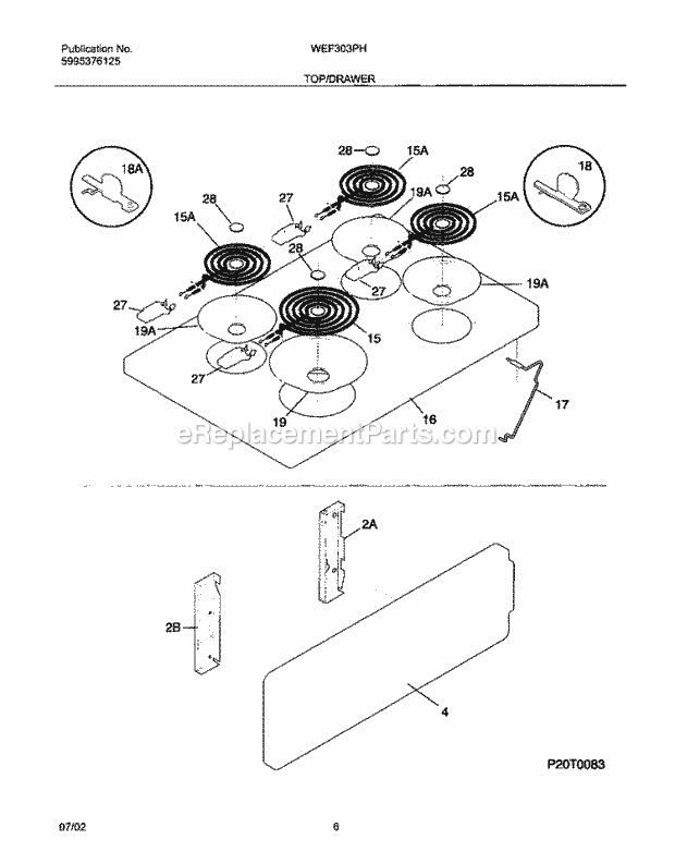 Westinghouse WEF303PHDB White Westinghouse/Electric Range Top / Drawer Diagram