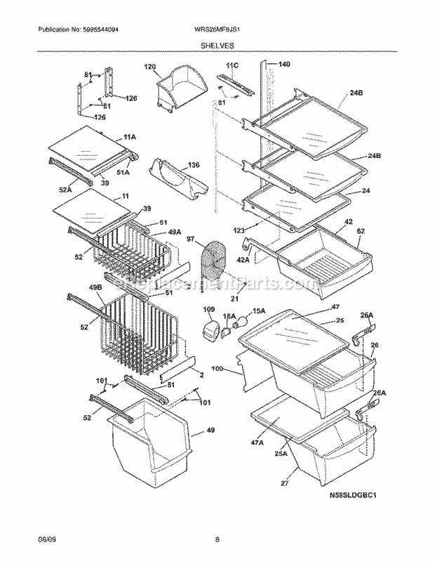 Westinghouse WRS26MF8JS1 Refrigerator Shelves Diagram