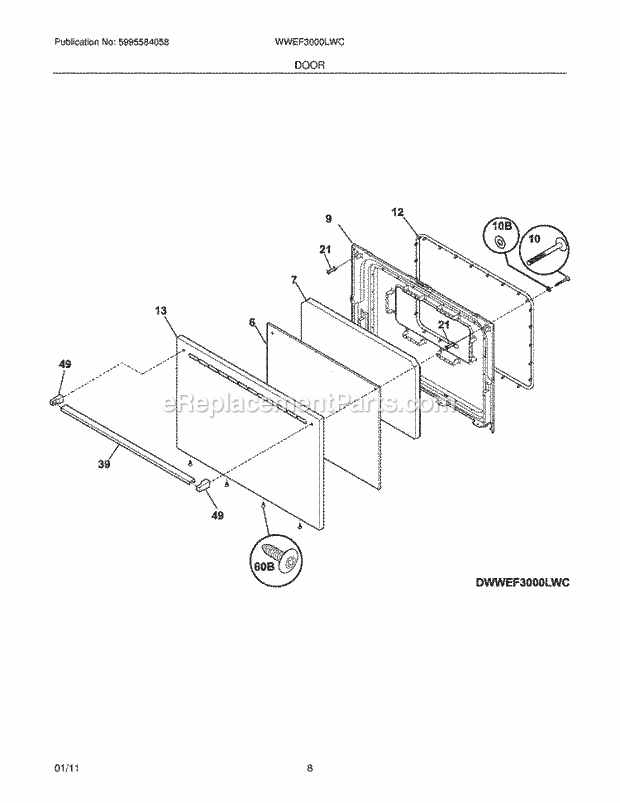 Westinghouse WWEF3000LWC Electric Range Door Diagram