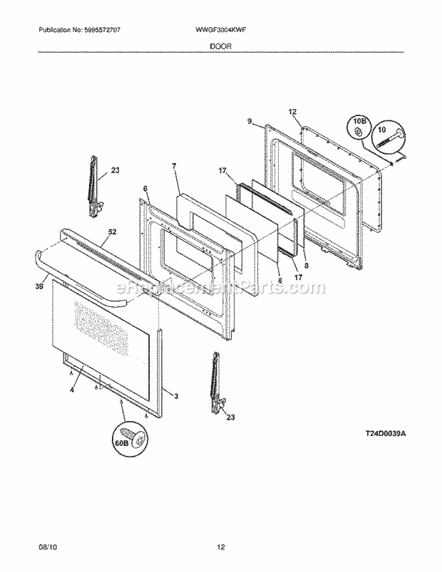 Westinghouse WWGF3004KWF Gas Range Door Diagram