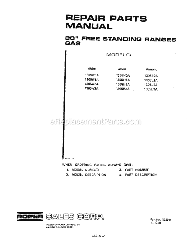 Whirlpool 1305^0A Gas Range Page G Diagram