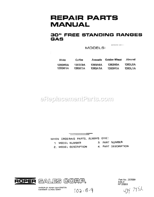 Whirlpool 1393^0A Gas Range Page I Diagram