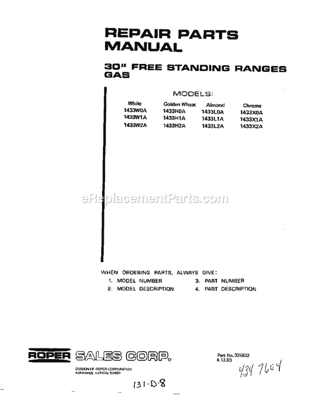 Whirlpool 1433^0A Gas Range Page H Diagram