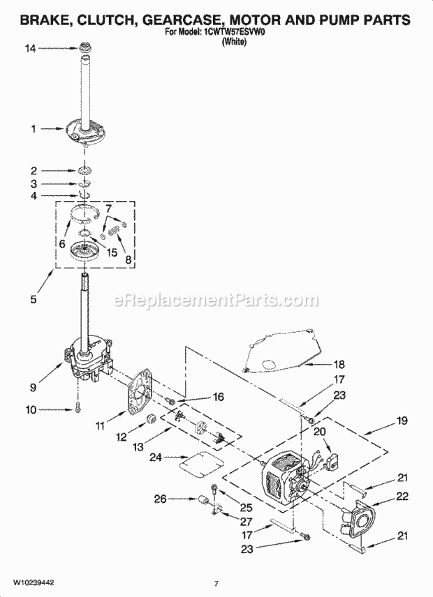 Whirlpool 1CWTW57ESVW0 Residential Washer Brake, Clutch, Gearcase, Motor and Pump Parts Diagram