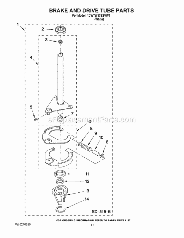 Whirlpool 1CWTW57ESVW1 Residential Automatic Washer Brake and Drive Tube Parts Diagram