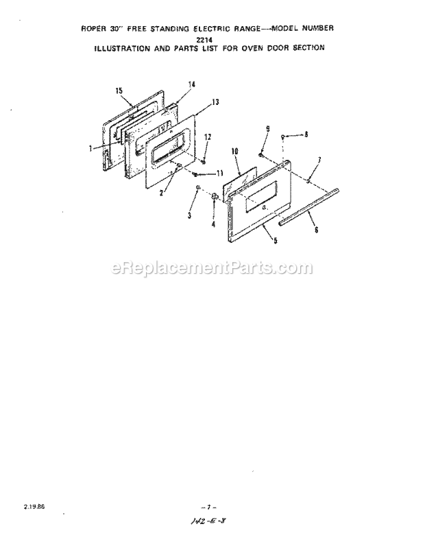 Whirlpool 2224^1A Electric Range Oven Door Diagram