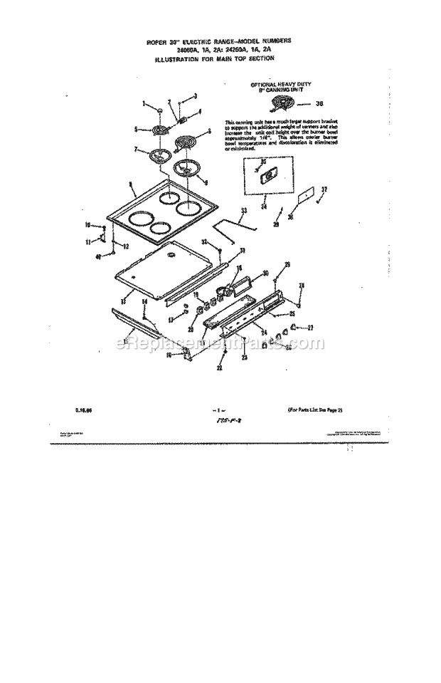 Whirlpool 2406^0A Electric Range Main Top, Heavy Duty Canning Unit Diagram