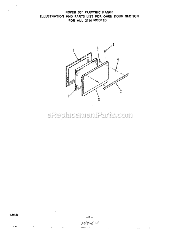 Whirlpool 2414^1A Electric Range Oven Door Diagram